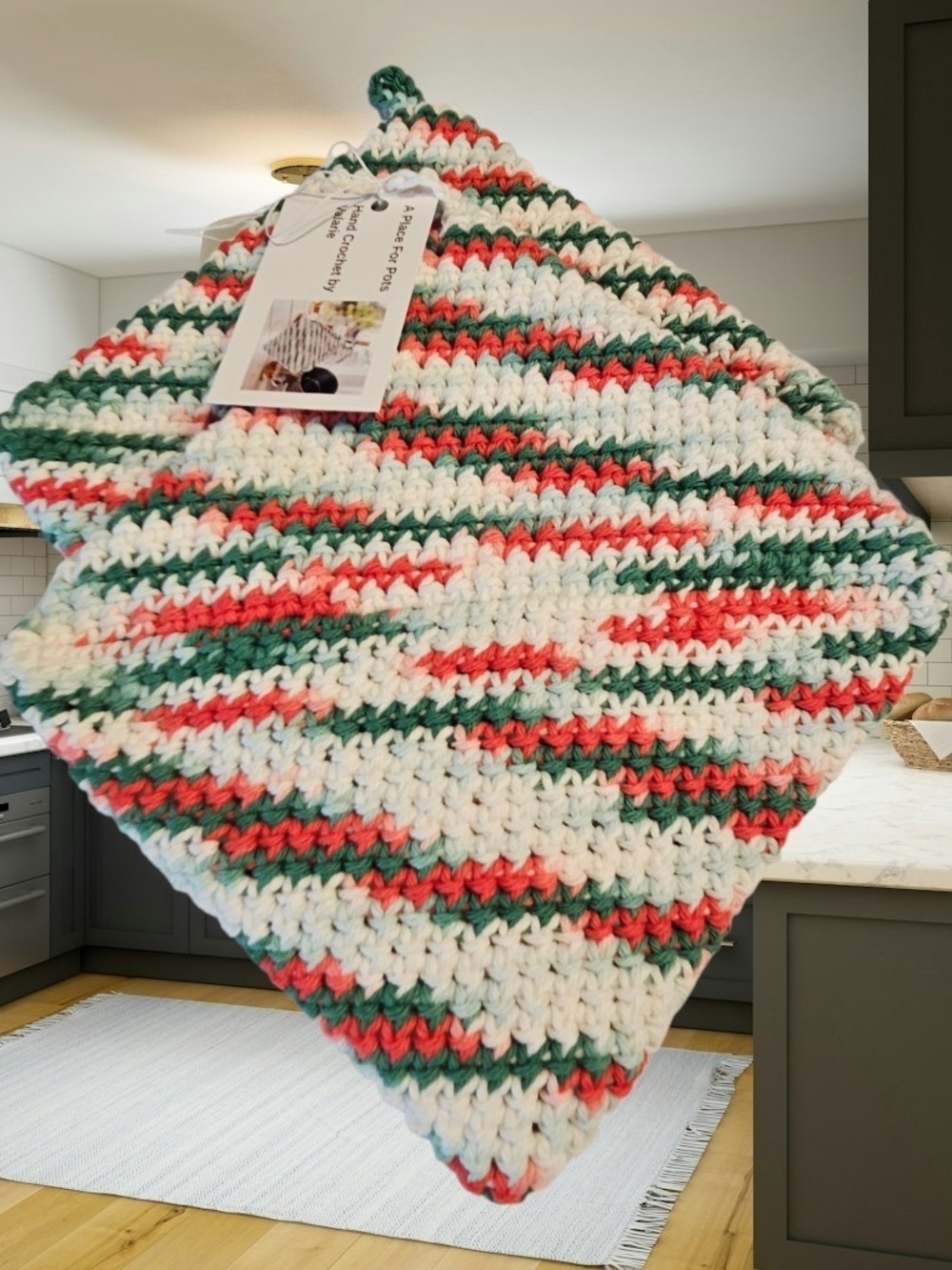 Crochet Potholder Set of 2: Christmas Colors  Red, White, Green,  Double Layer